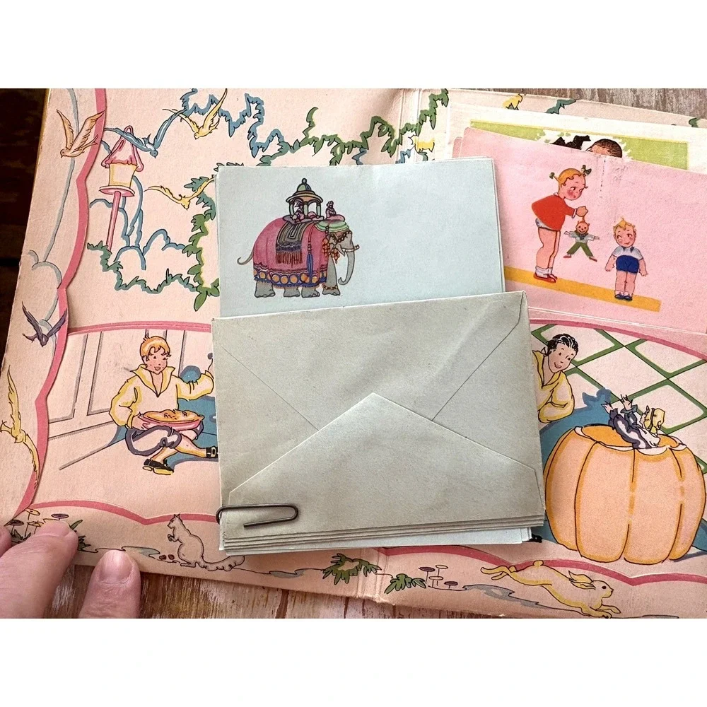 Vintage childrens stationery writing paper pink blue envelope Skeezix illus 1930